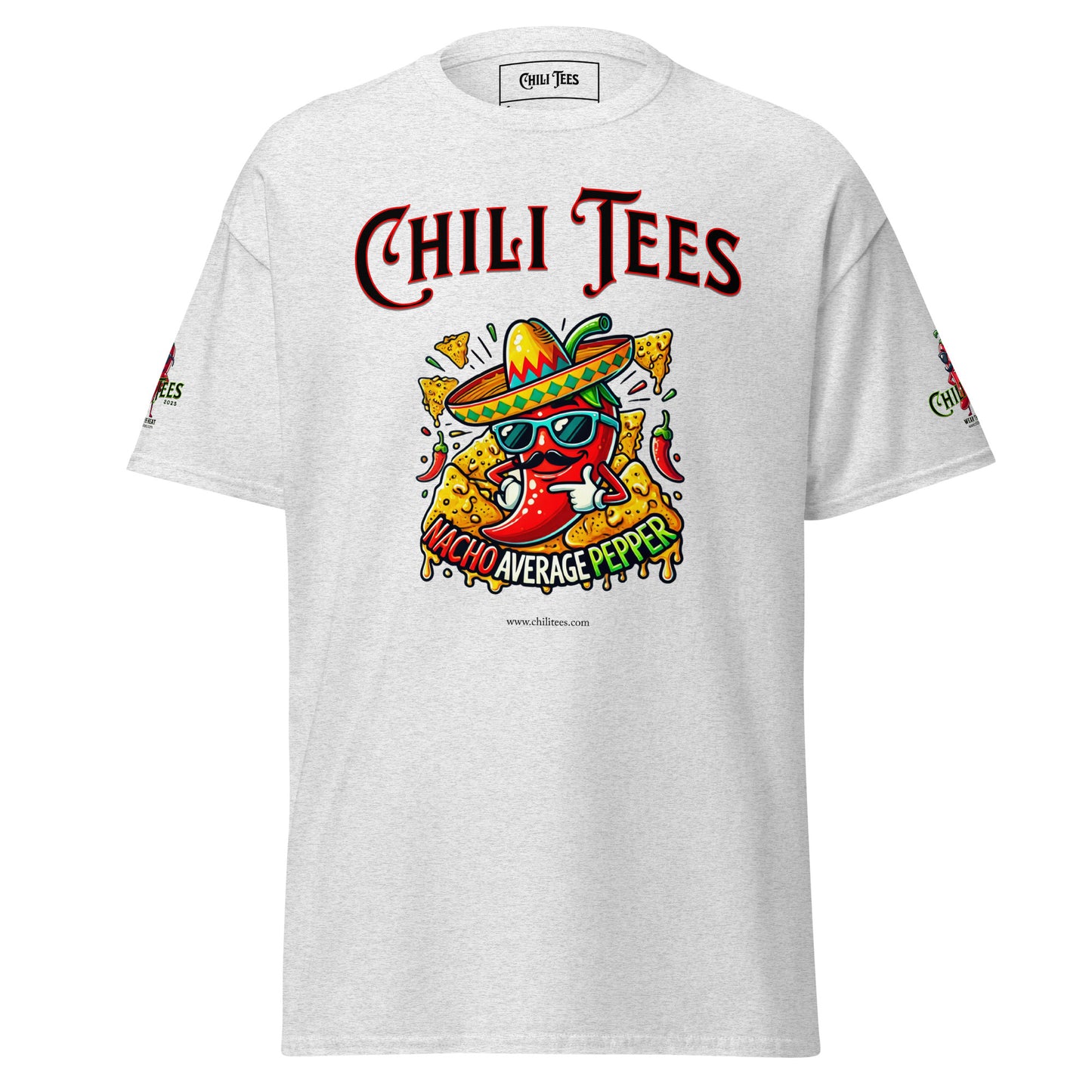 Men’s ask 99% cotton graphic t-shirt featuring bold 'Chili Tees' text, a red chili pepper nestled in nachos, and the playful quote 'Nacho Average Pepper' printed below