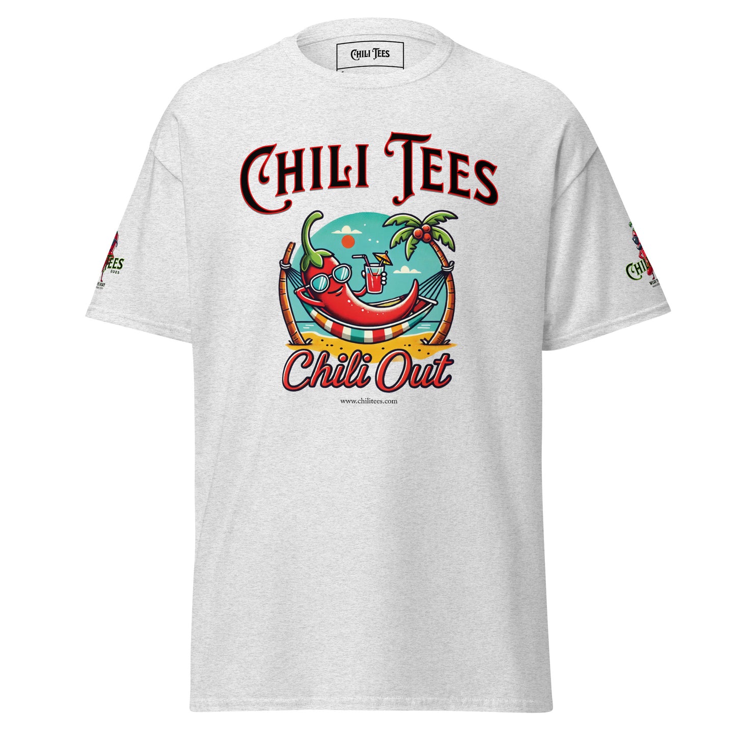 Men’s ash 99% cotton graphic t-shirt featuring bold 'Chili Tees' text, a red chili pepper relaxing in a hammock on a beach, and the playful quote 'Chili Out' printed below