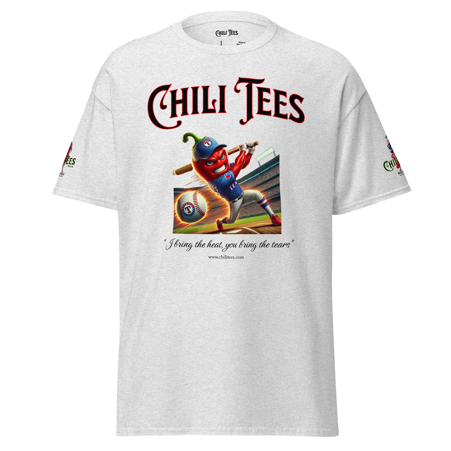 Men’s ash graphic t-shirt made of 99% cotton, featuring bold 'Chili Tees' text, a red chili pepper hitting a baseball with a bat, and the quote 'I bring the heat, you bring the tears' printed below