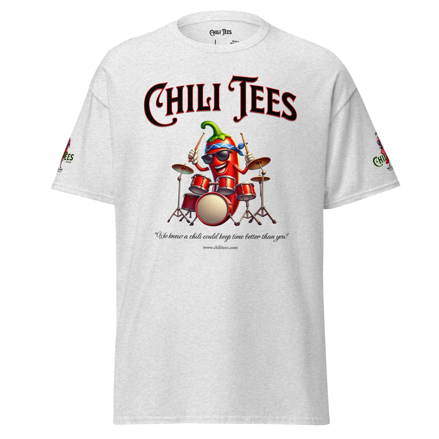 Men’s ash color 99% cotton graphic t-shirt featuring bold 'Chili Tees' text, a quirky red chili pepper as a drummer, and the humorous quote 'Who knew a chili could keep time better than you?' below