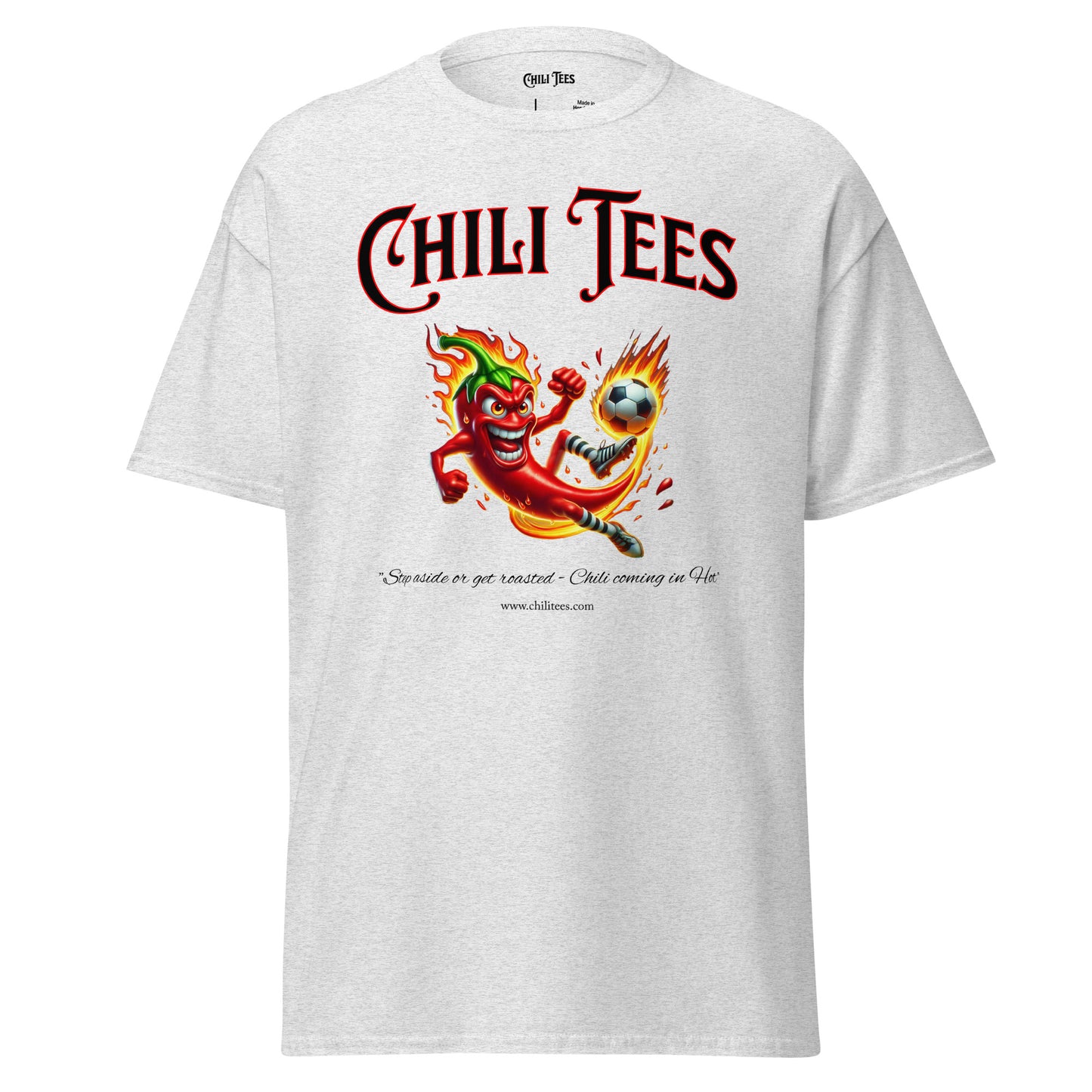 Ash 100% cotton graphic t-shirt featuring bold 'Chili Tees' text and a red chili pepper playing soccer, perfect for sports and chili pepper enthusiasts.