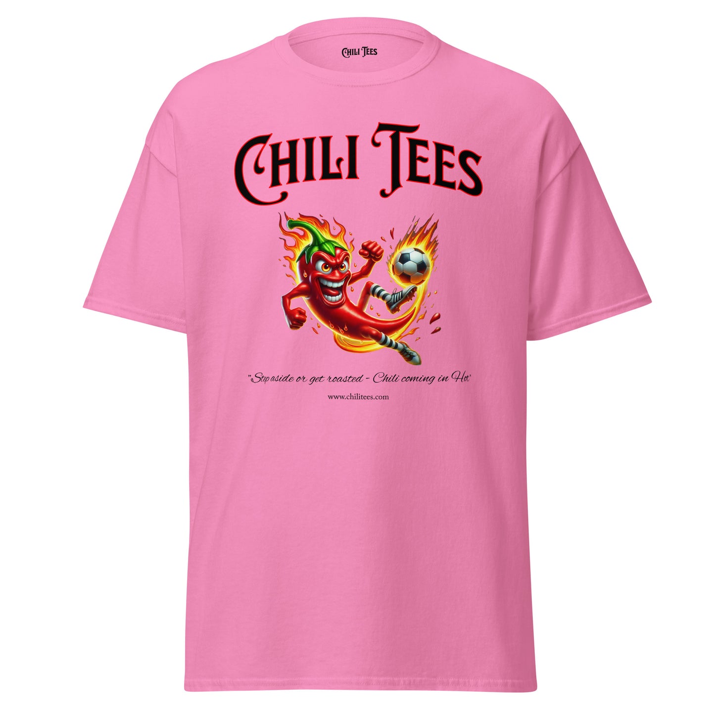 Azalea 100% cotton graphic t-shirt featuring bold 'Chili Tees' text and a red chili pepper playing soccer, perfect for sports and chili pepper enthusiasts.