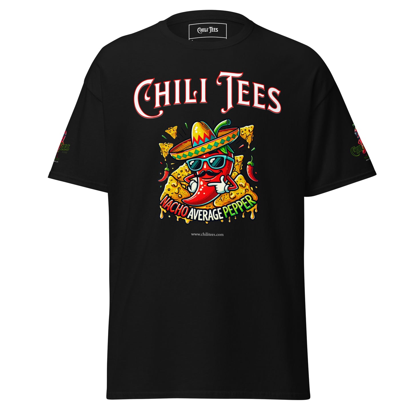 Men’s black 100% cotton graphic t-shirt featuring bold 'Chili Tees' text, a red chili pepper nestled in nachos, and the playful quote 'Nacho Average Pepper' printed below