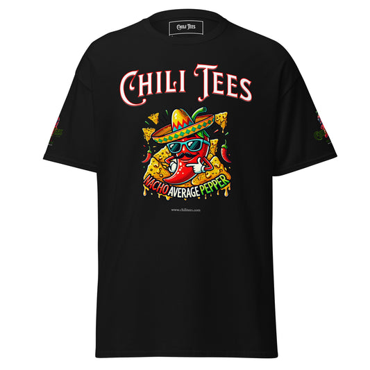 Men’s black 100% cotton graphic t-shirt featuring bold 'Chili Tees' text, a red chili pepper nestled in nachos, and the playful quote 'Nacho Average Pepper' printed below