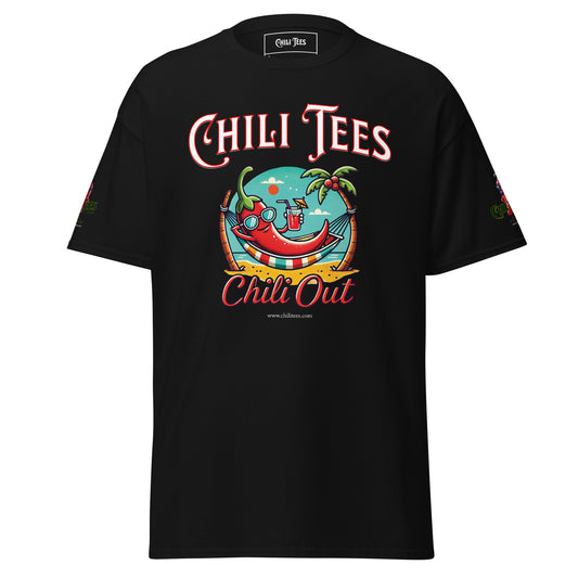 Men’s black 100% cotton graphic t-shirt featuring bold 'Chili Tees' text, a red chili pepper relaxing in a hammock on a beach, and the playful quote 'Chili Out' printed below