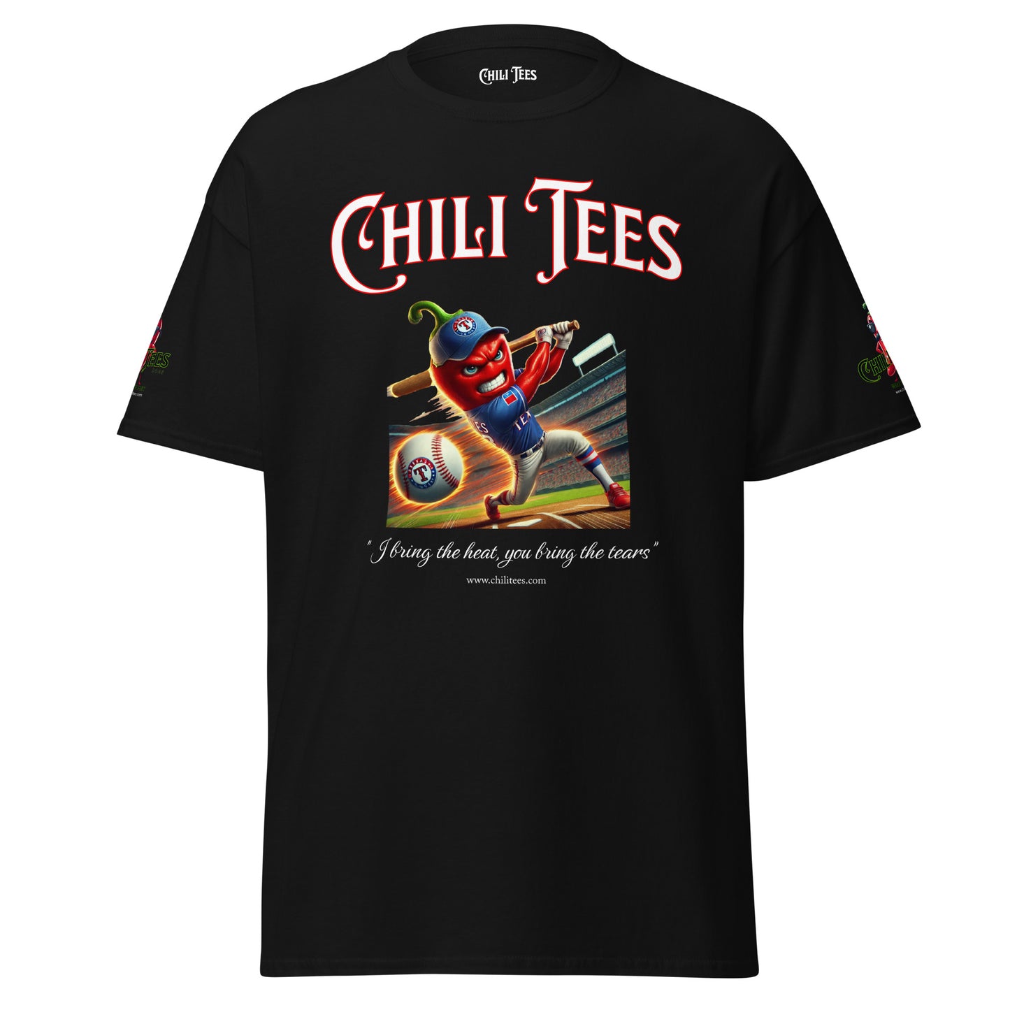 Men’s black graphic t-shirt made of 100% cotton, featuring bold 'Chili Tees' text, a red chili pepper hitting a baseball with a bat, and the quote 'I bring the heat, you bring the tears' printed below