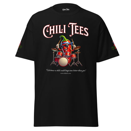 Men’s black 100% cotton graphic t-shirt featuring bold 'Chili Tees' text, a quirky red chili pepper as a drummer, and the humorous quote 'Who knew a chili could keep time better than you?' below.