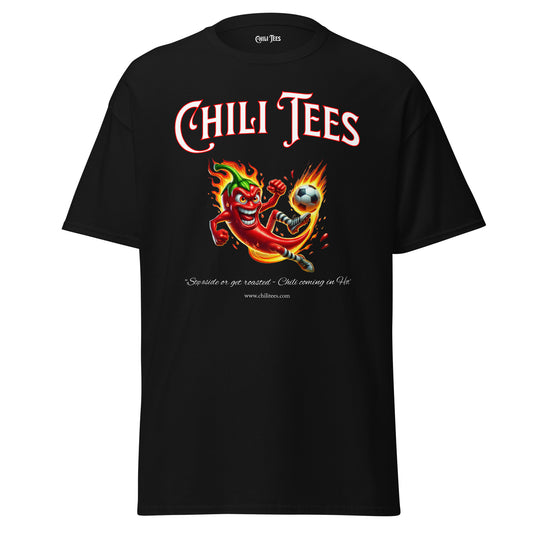 Black 100% cotton graphic t-shirt featuring bold 'Chili Tees' text and a red chili pepper playing soccer, perfect for sports and chili pepper enthusiasts