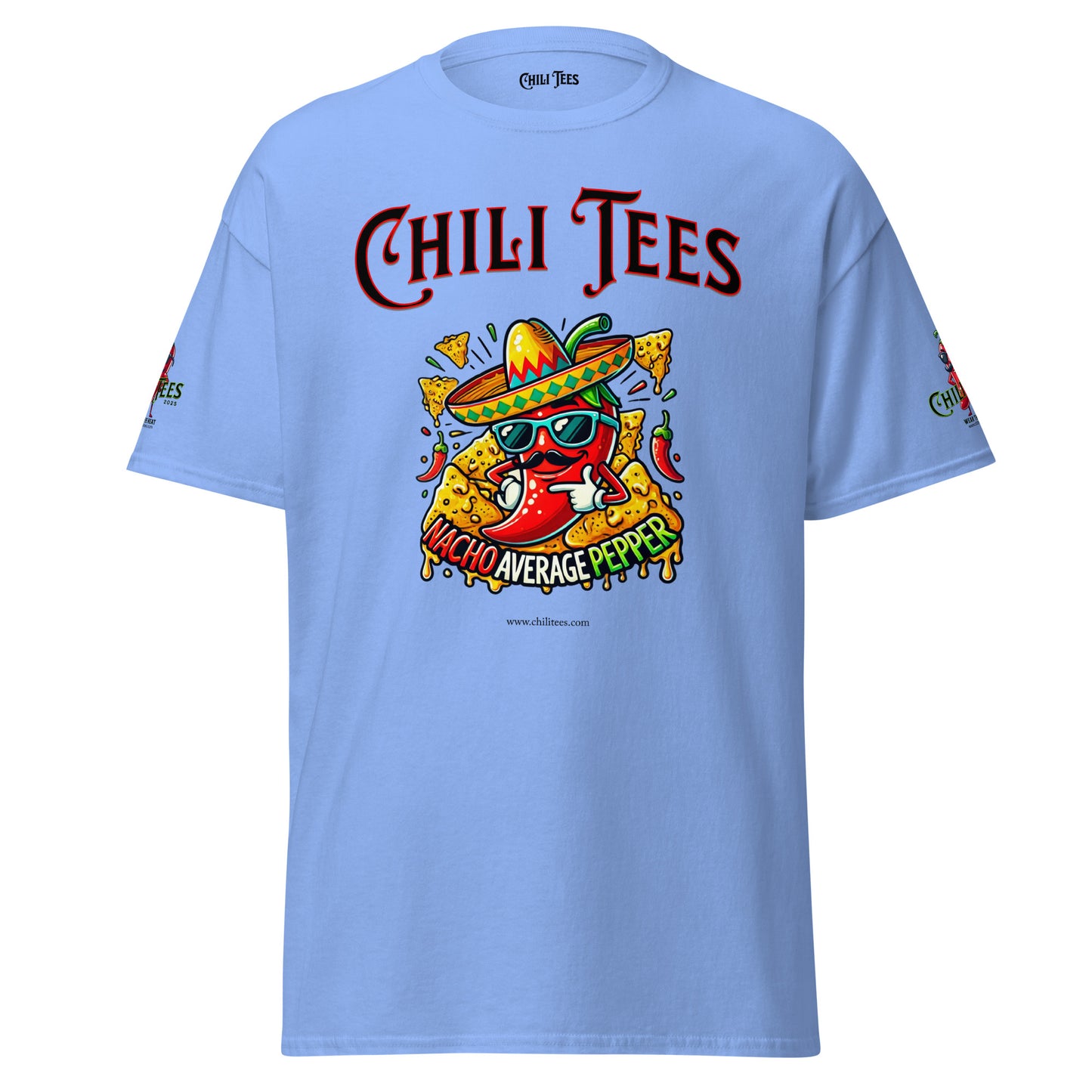 Men’s Carolina Blue 100% cotton graphic t-shirt featuring bold 'Chili Tees' text, a red chili pepper nestled in nachos, and the playful quote 'Nacho Average Pepper' printed below