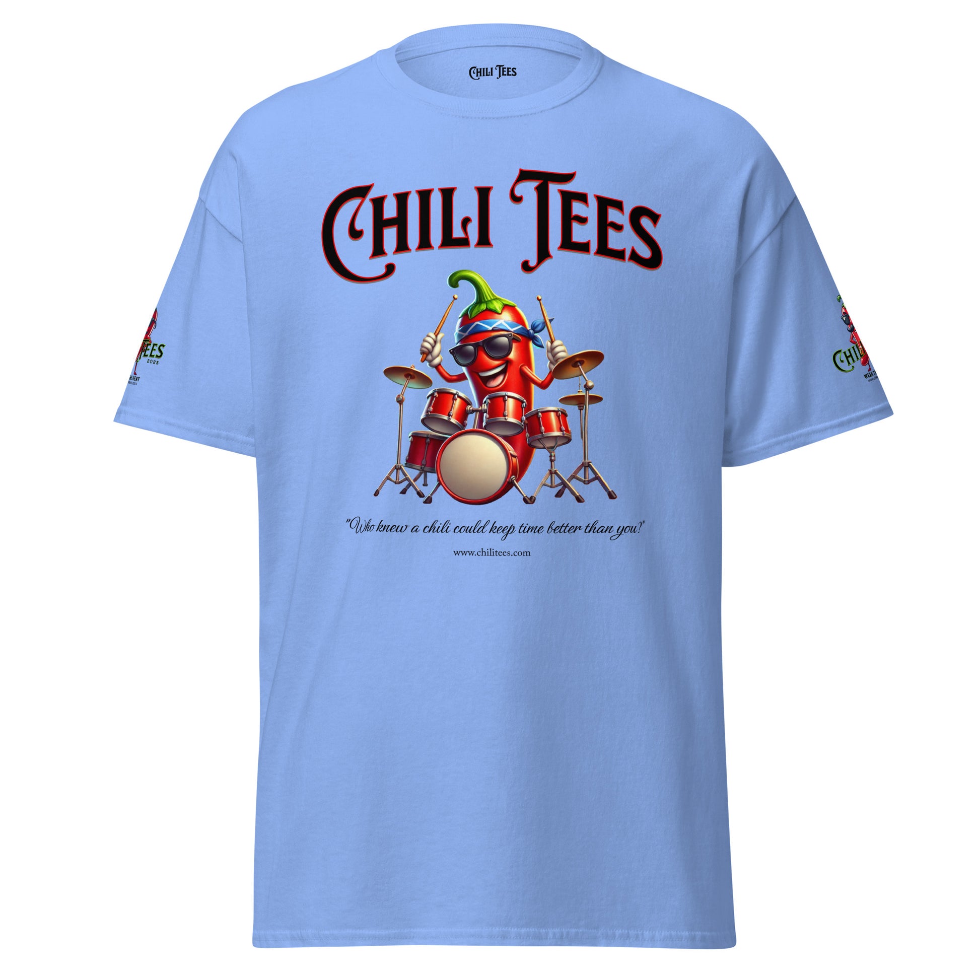 Men’s Caroline blue 100% cotton graphic t-shirt featuring bold 'Chili Tees' text, a quirky red chili pepper as a drummer, and the humorous quote 'Who knew a chili could keep time better than you?' below