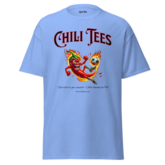 Carolina blue 100% cotton graphic t-shirt featuring bold 'Chili Tees' text and a red chili pepper playing soccer, perfect for sports and chili pepper enthusiasts.