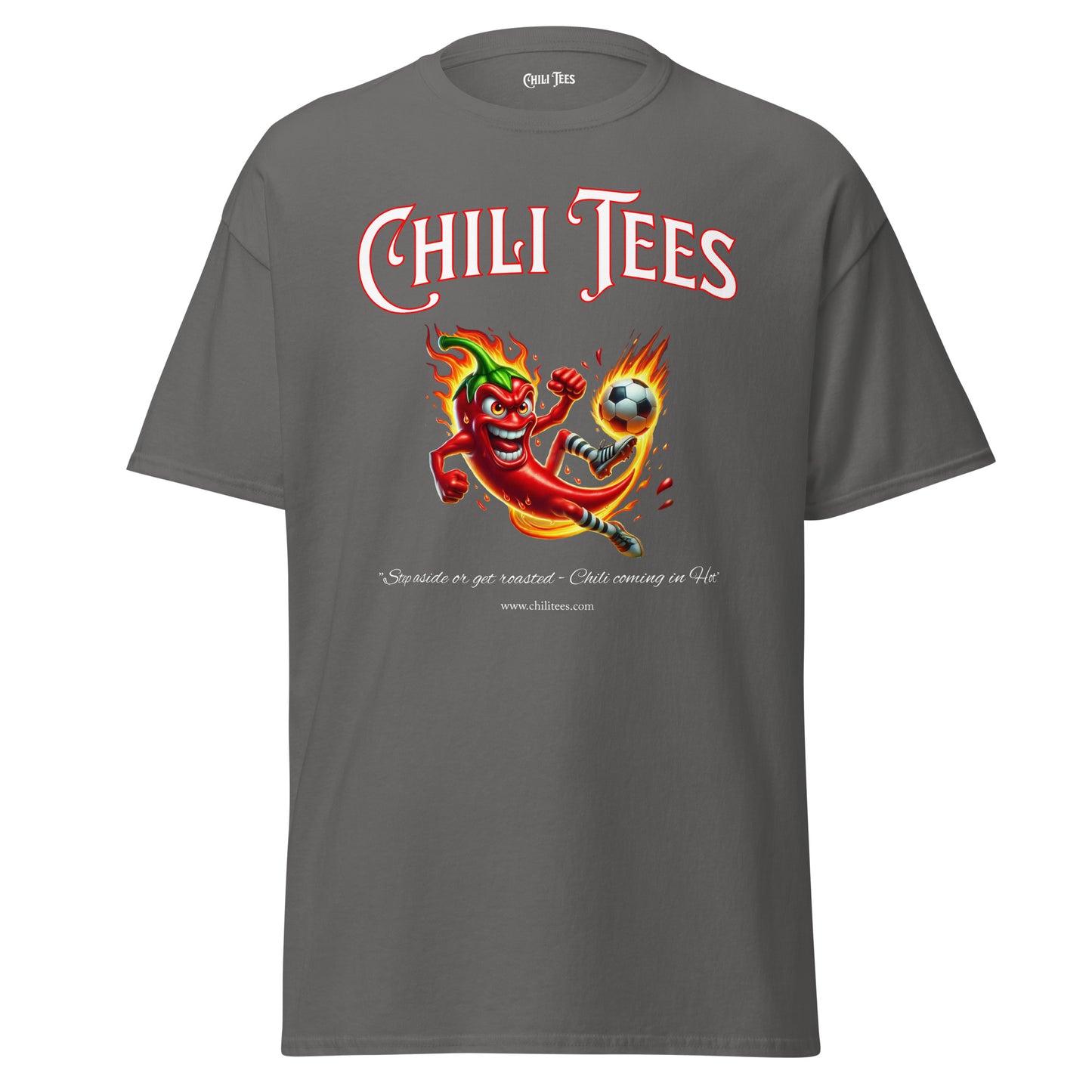 Grey 100% cotton graphic t-shirt featuring bold 'Chili Tees' text and a red chili pepper playing soccer, perfect for sports and chili pepper enthusiasts