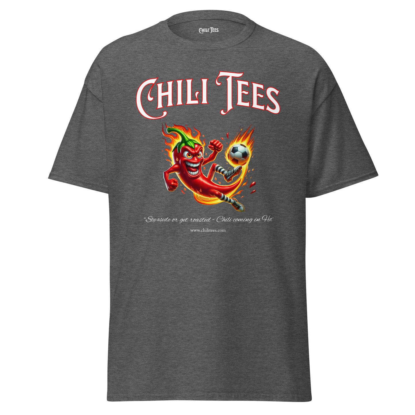 Heather grey 50% cotton, 50% polyester graphic t-shirt featuring bold 'Chili Tees' text and a red chili pepper playing soccer, perfect for sports and chili pepper enthusiasts