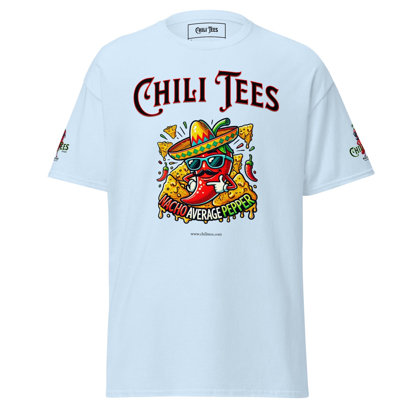 Men’s light blue 100% cotton graphic t-shirt featuring bold 'Chili Tees' text, a red chili pepper nestled in nachos, and the playful quote 'Nacho Average Pepper' printed below