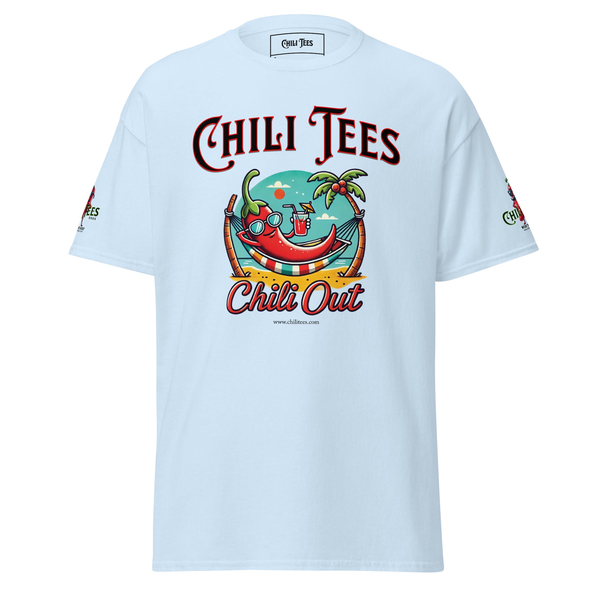 Men’s light blue 100% cotton graphic t-shirt featuring bold 'Chili Tees' text, a red chili pepper relaxing in a hammock on a beach, and the playful quote 'Chili Out' printed below