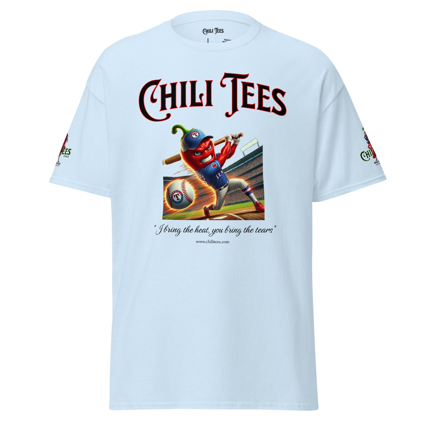 Men’s light blue graphic t-shirt made of 100% cotton, featuring bold 'Chili Tees' text, a red chili pepper hitting a baseball with a bat, and the quote 'I bring the heat, you bring the tears' printed below