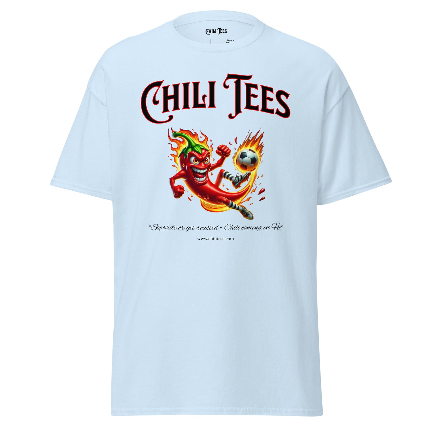 Light blue 100% cotton graphic t-shirt featuring bold 'Chili Tees' text and a red chili pepper playing soccer, perfect for sports and chili pepper enthusiasts.