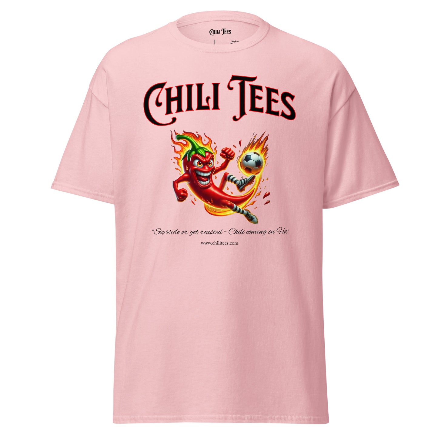 Pink 100% cotton graphic t-shirt featuring bold 'Chili Tees' text and a red chili pepper playing soccer, perfect for sports and chili pepper enthusiasts.