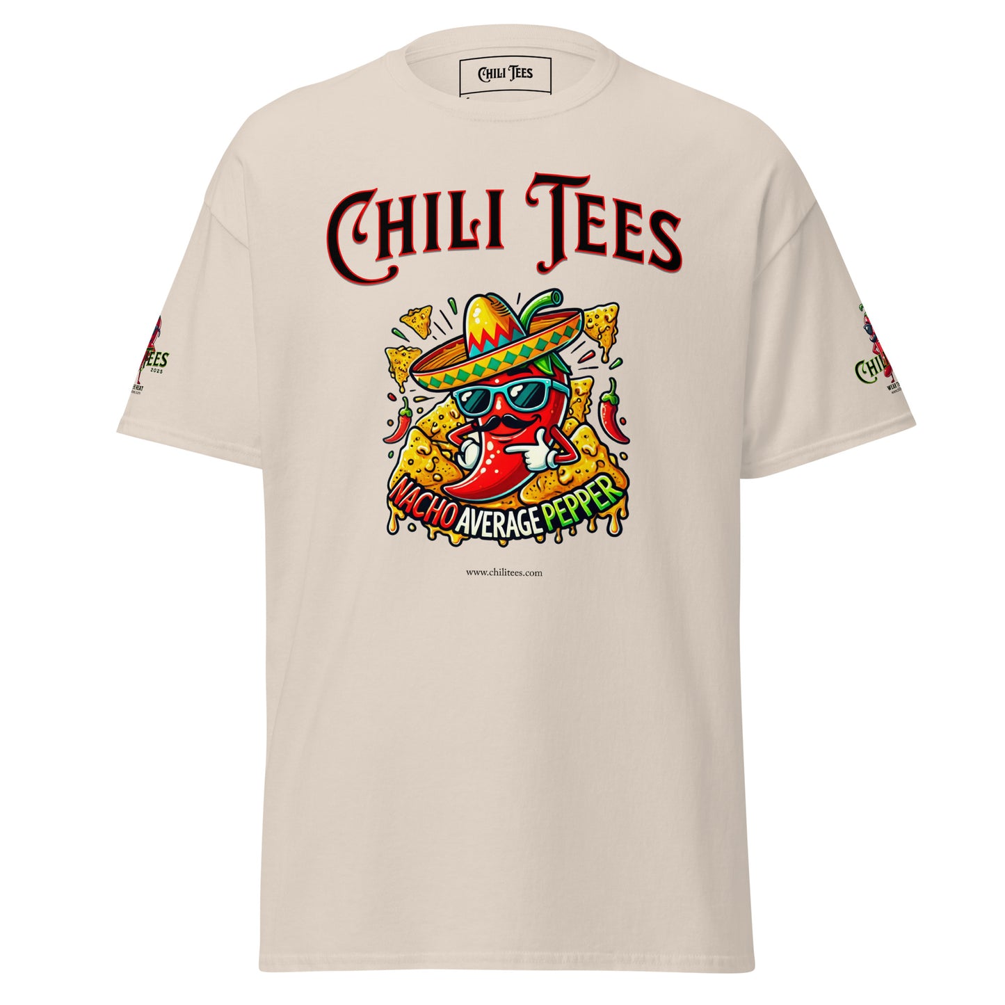 Men’s sand 100% cotton graphic t-shirt featuring bold 'Chili Tees' text, a red chili pepper nestled in nachos, and the playful quote 'Nacho Average Pepper' printed below