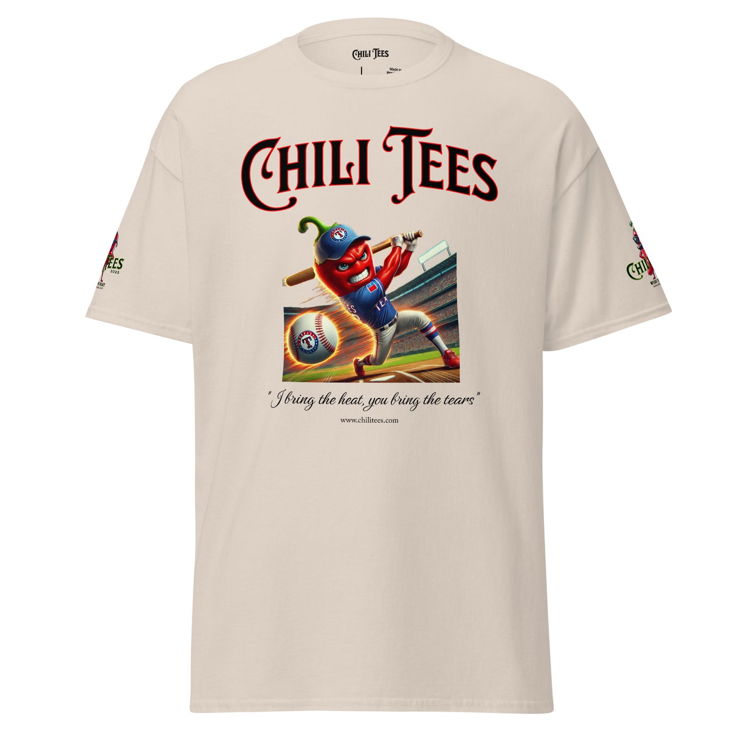 Men’s natural graphic t-shirt made of 100% cotton, featuring bold 'Chili Tees' text, a red chili pepper hitting a baseball with a bat, and the quote 'I bring the heat, you bring the tears' printed below