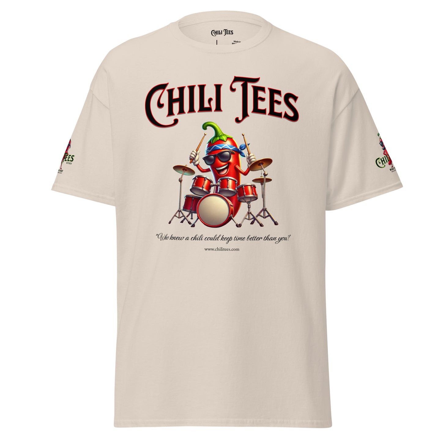 Men’s natural color 100% cotton graphic t-shirt featuring bold 'Chili Tees' text, a quirky red chili pepper as a drummer, and the humorous quote 'Who knew a chili could keep time better than you?' below