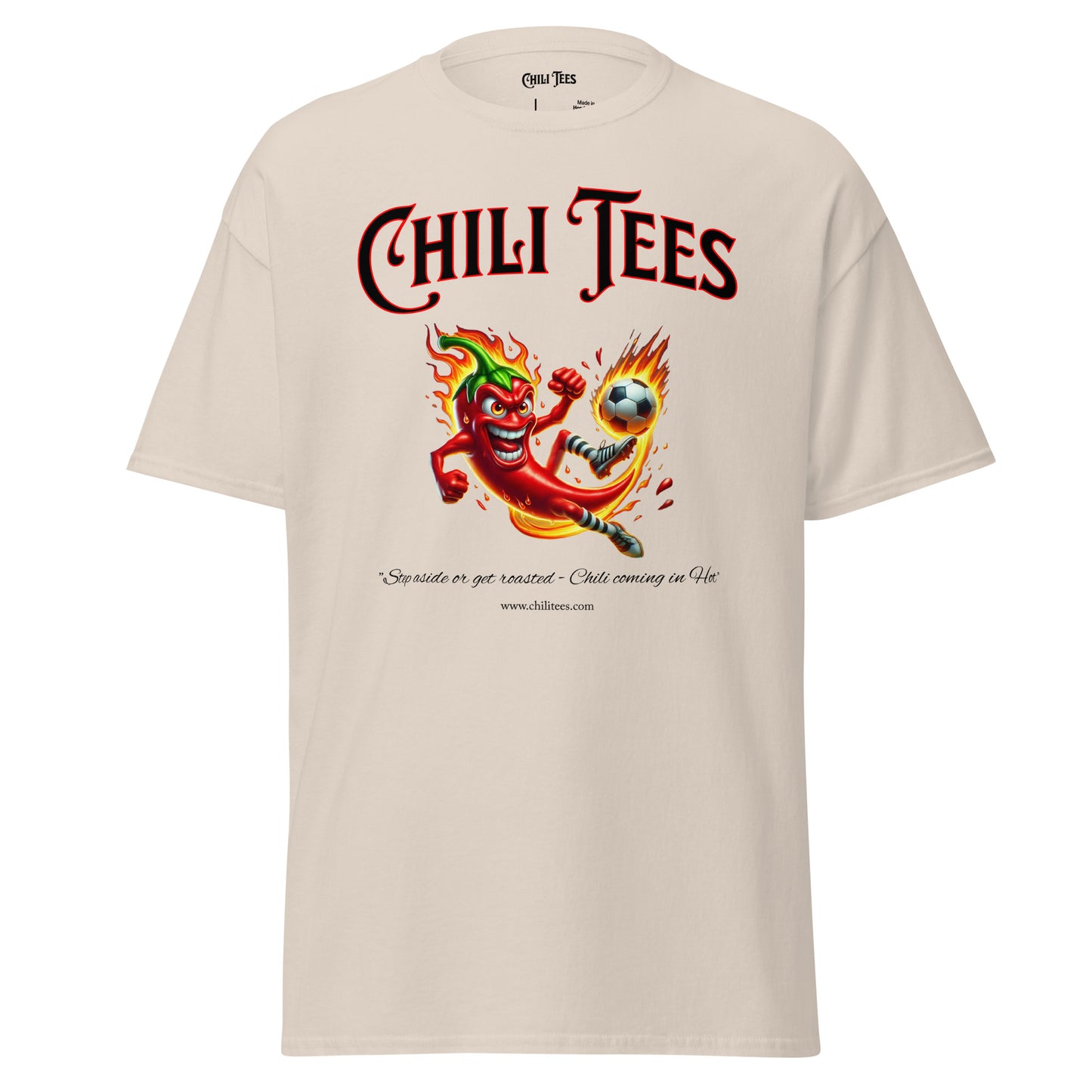 Natural 100% cotton graphic t-shirt featuring bold 'Chili Tees' text and a red chili pepper playing soccer, perfect for sports and chili pepper enthusiasts.