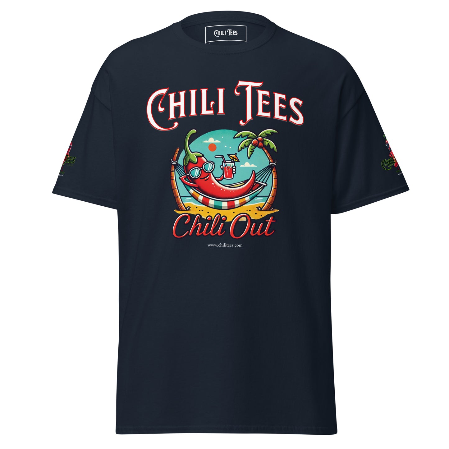 Men’s navy 100% cotton graphic t-shirt featuring bold 'Chili Tees' text, a red chili pepper relaxing in a hammock on a beach, and the playful quote 'Chili Out' printed below