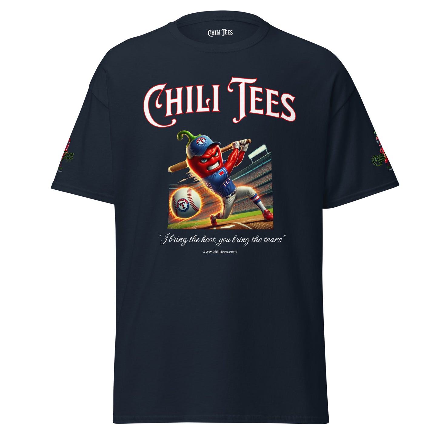 Men’s navy graphic t-shirt made of 100% cotton, featuring bold 'Chili Tees' text, a red chili pepper hitting a baseball with a bat, and the quote 'I bring the heat, you bring the tears' printed below