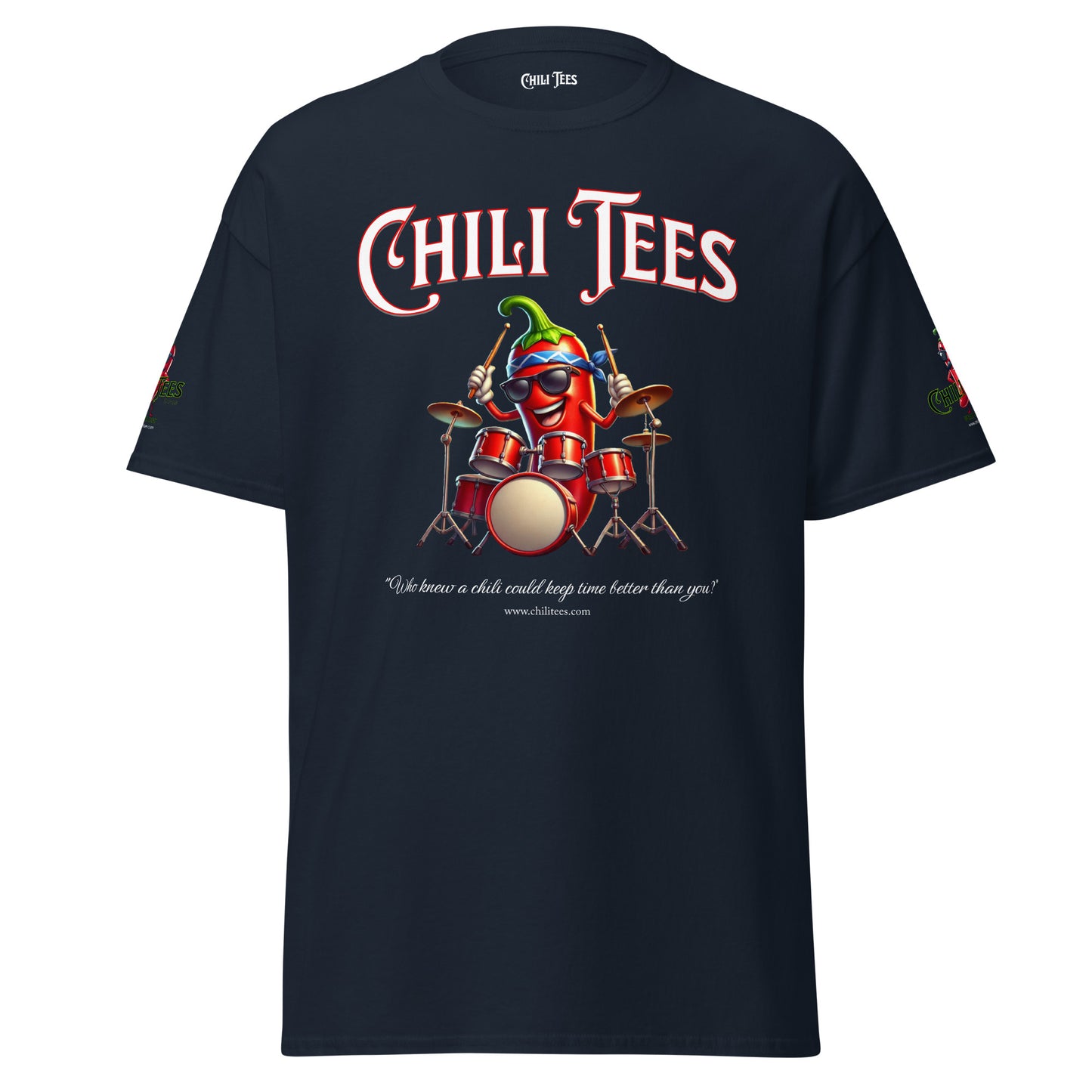 Men’s navy 100% cotton graphic t-shirt featuring bold 'Chili Tees' text, a quirky red chili pepper as a drummer, and the humorous quote 'Who knew a chili could keep time better than you?' below