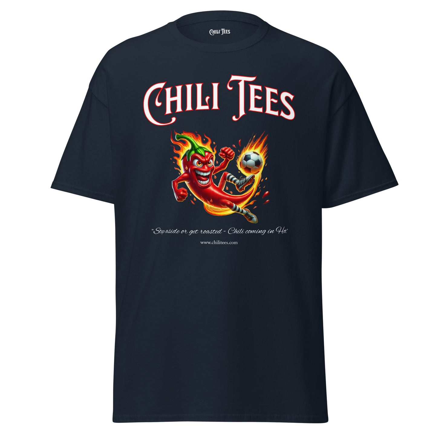 Navy blue 100% cotton graphic t-shirt featuring bold 'Chili Tees' text and a red chili pepper playing soccer, perfect for sports and chili pepper enthusiast. 