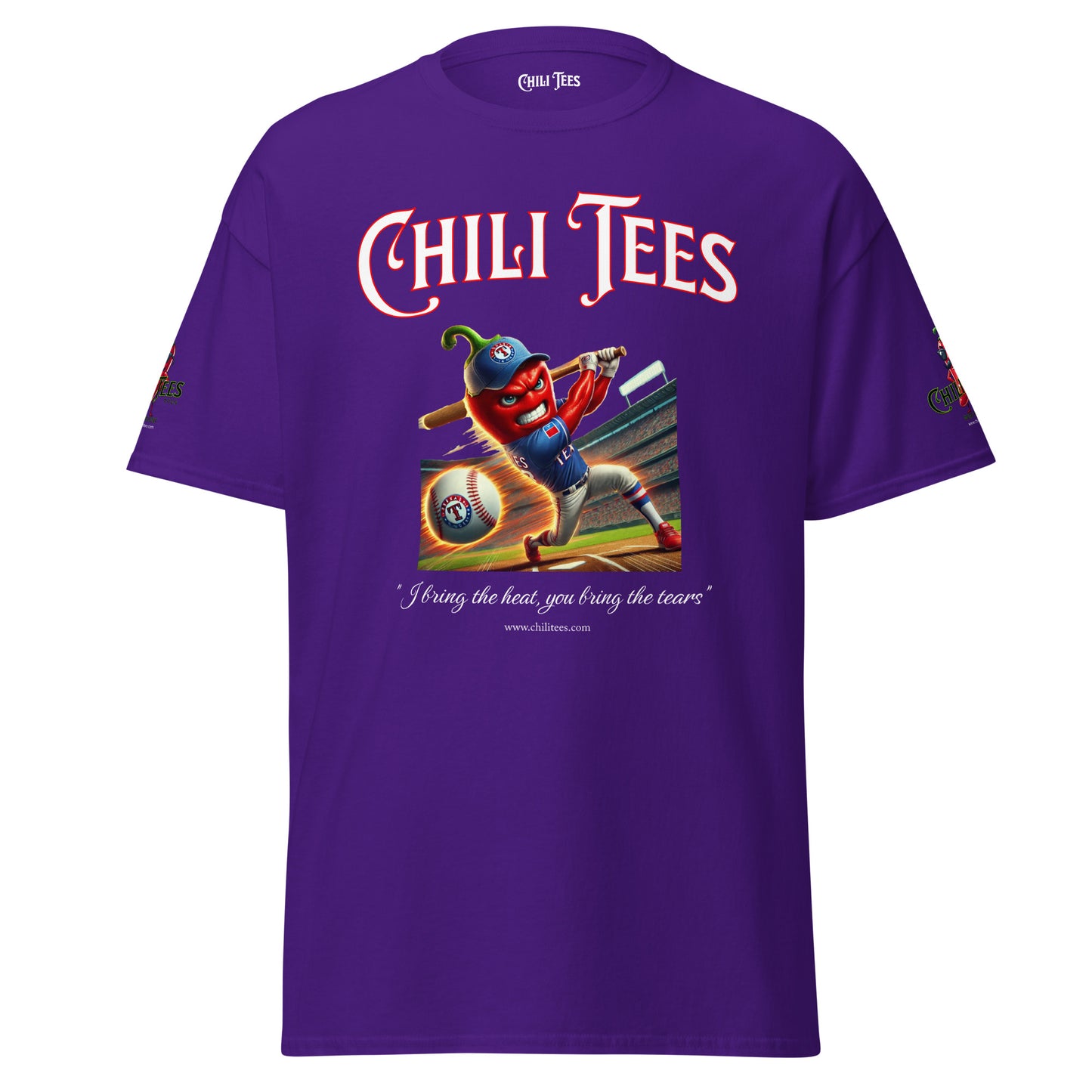 Men’s purple graphic t-shirt made of 100% cotton, featuring bold 'Chili Tees' text, a red chili pepper hitting a baseball with a bat, and the quote 'I bring the heat, you bring the tears' printed below