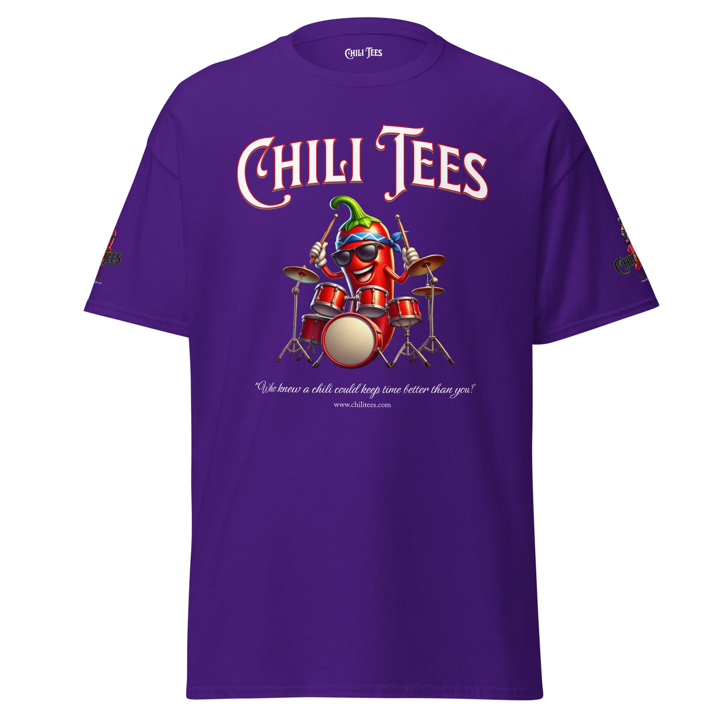 Men’s purple 100% cotton graphic t-shirt featuring bold 'Chili Tees' text, a quirky red chili pepper as a drummer, and the humorous quote 'Who knew a chili could keep time better than you?' below