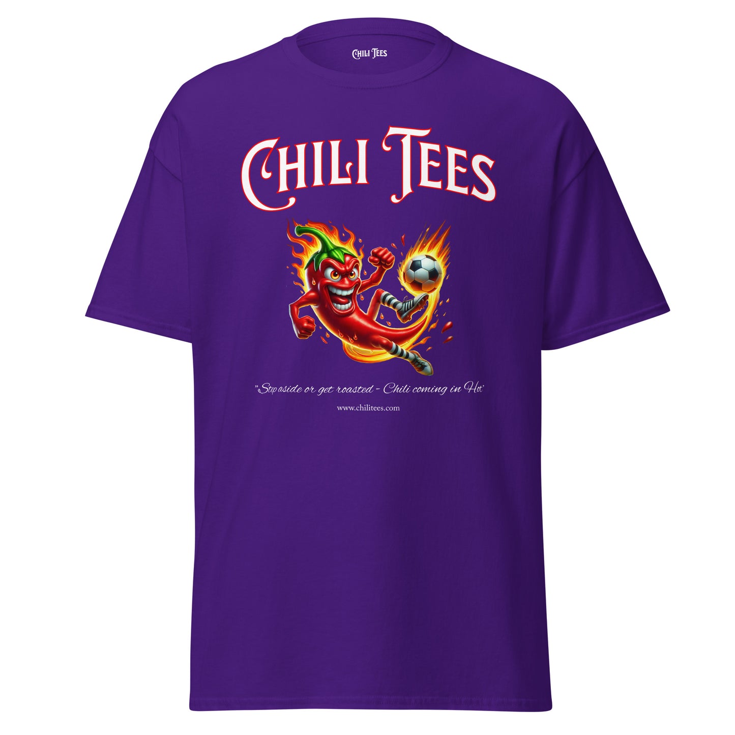 Purple 100% cotton graphic t-shirt featuring bold 'Chili Tees' text and a red chili pepper playing soccer, perfect for sports and chili pepper enthusiasts