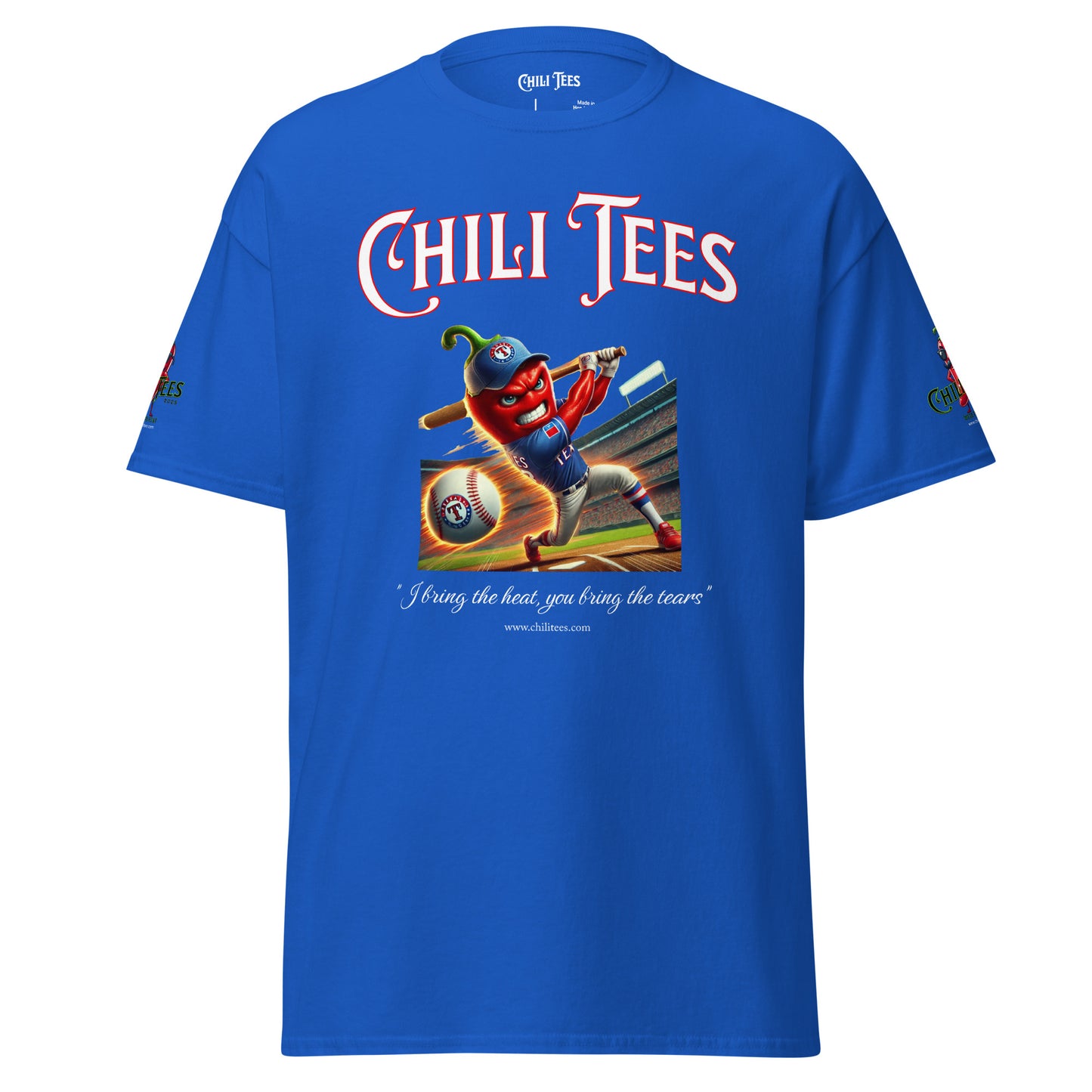 Men’s sky blue graphic t-shirt made of 100% cotton, featuring bold 'Chili Tees' text, a red chili pepper hitting a baseball with a bat, and the quote 'I bring the heat, you bring the tears' printed below