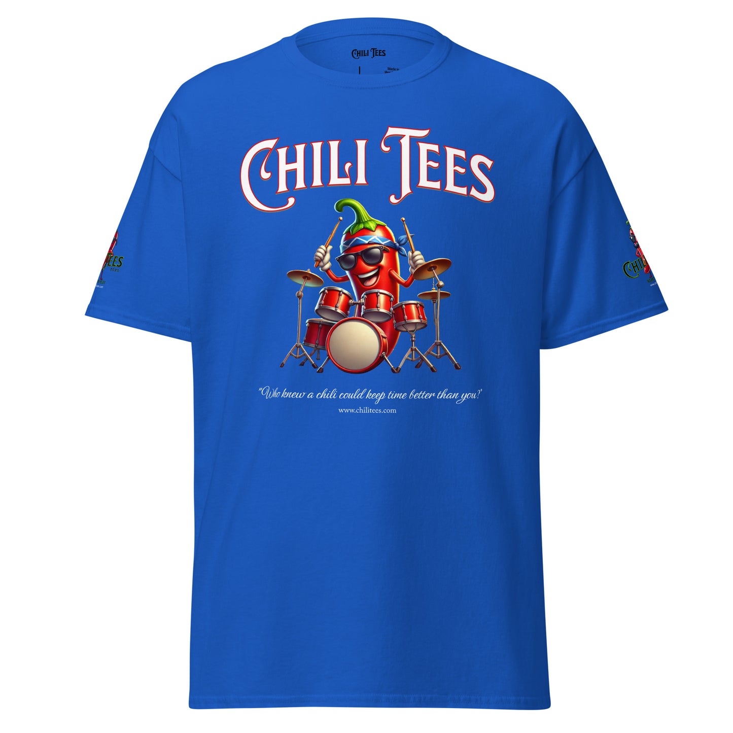 Men’s royal blue 100% cotton graphic t-shirt featuring bold 'Chili Tees' text, a quirky red chili pepper as a drummer, and the humorous quote 'Who knew a chili could keep time better than you?' below