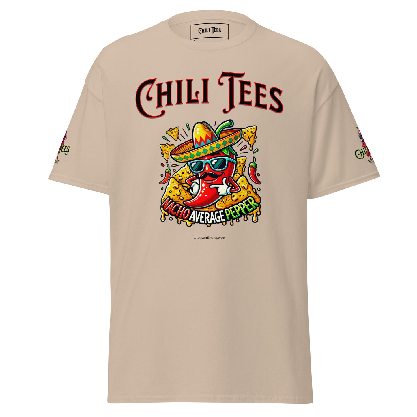 Men’s natural 100% cotton graphic t-shirt featuring bold 'Chili Tees' text, a red chili pepper nestled in nachos, and the playful quote 'Nacho Average Pepper' printed below