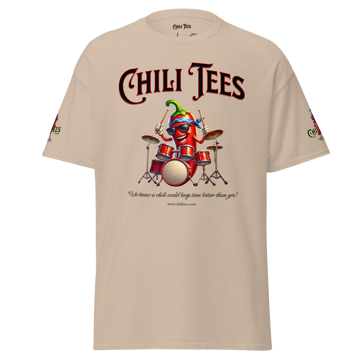 Men’s Sand 100% cotton graphic t-shirt featuring bold 'Chili Tees' text, a quirky red chili pepper as a drummer, and the humorous quote 'Who knew a chili could keep time better than you?' below