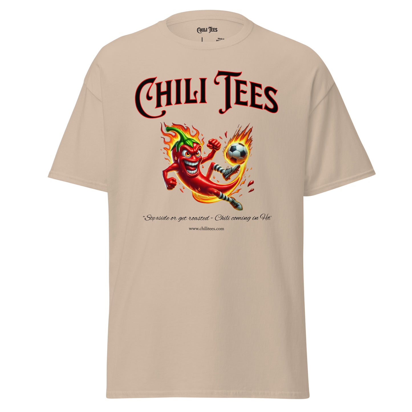 Sand 100% cotton graphic t-shirt featuring bold 'Chili Tees' text and a red chili pepper playing soccer, perfect for sports and chili pepper enthusiasts.