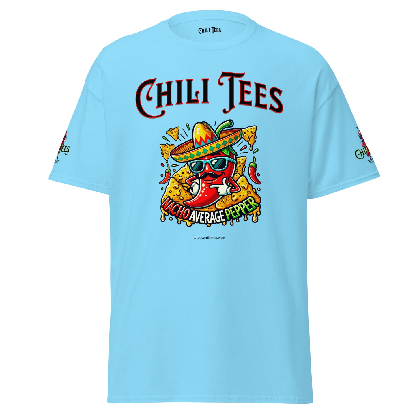 Men’s sky blue 100% cotton graphic t-shirt featuring bold 'Chili Tees' text, a red chili pepper nestled in nachos, and the playful quote 'Nacho Average Pepper' printed below