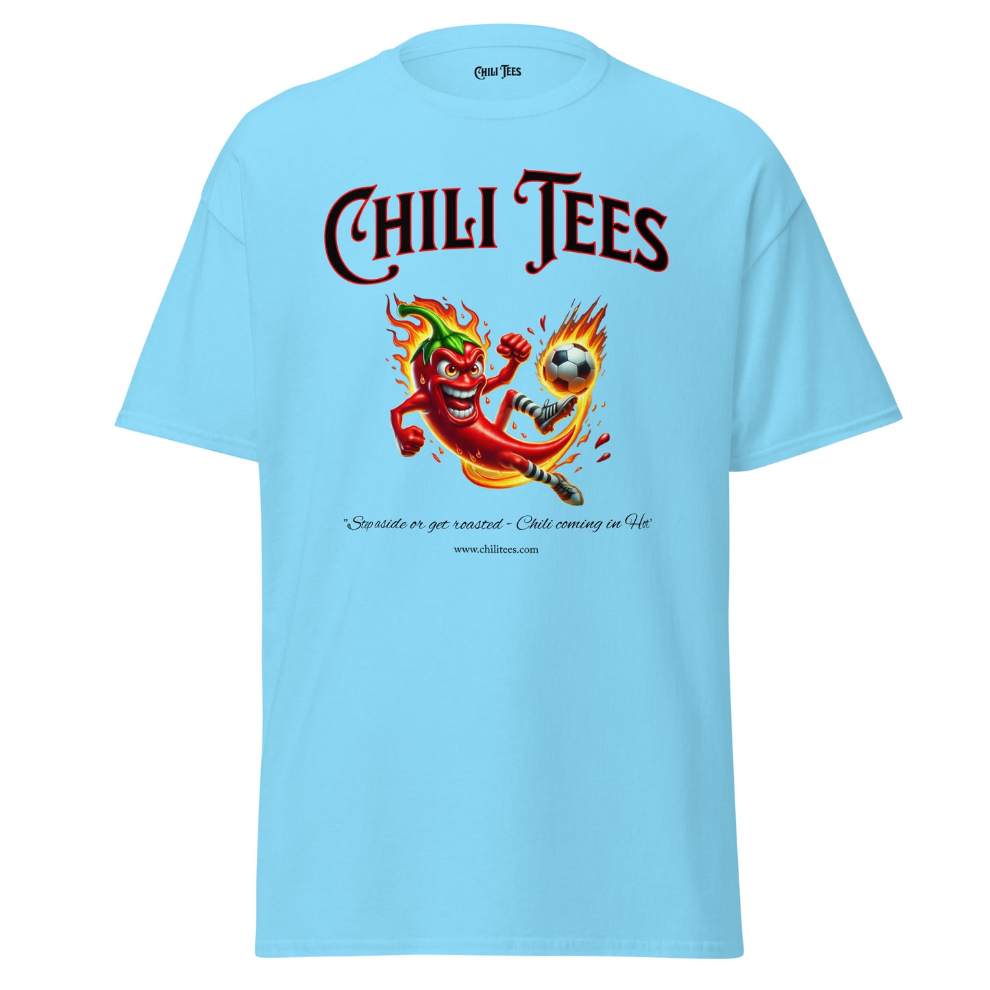 Sky blue 100% cotton graphic t-shirt featuring bold 'Chili Tees' text and a red chili pepper playing soccer, perfect for sports and chili pepper enthusiasts.