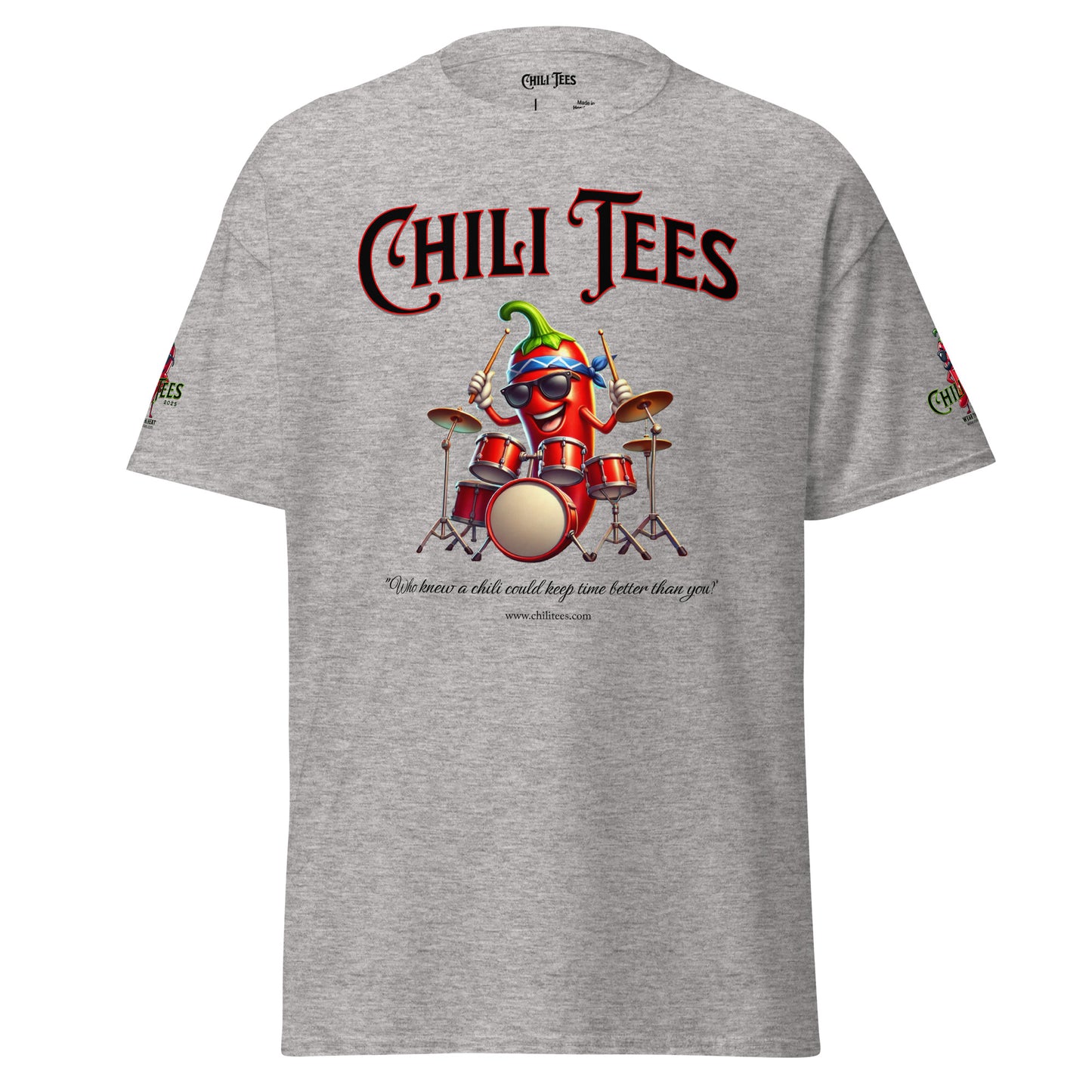 Men’s Sprot Grey 90% cotton graphic t-shirt featuring bold 'Chili Tees' text, a quirky red chili pepper as a drummer, and the humorous quote 'Who knew a chili could keep time better than you?' below