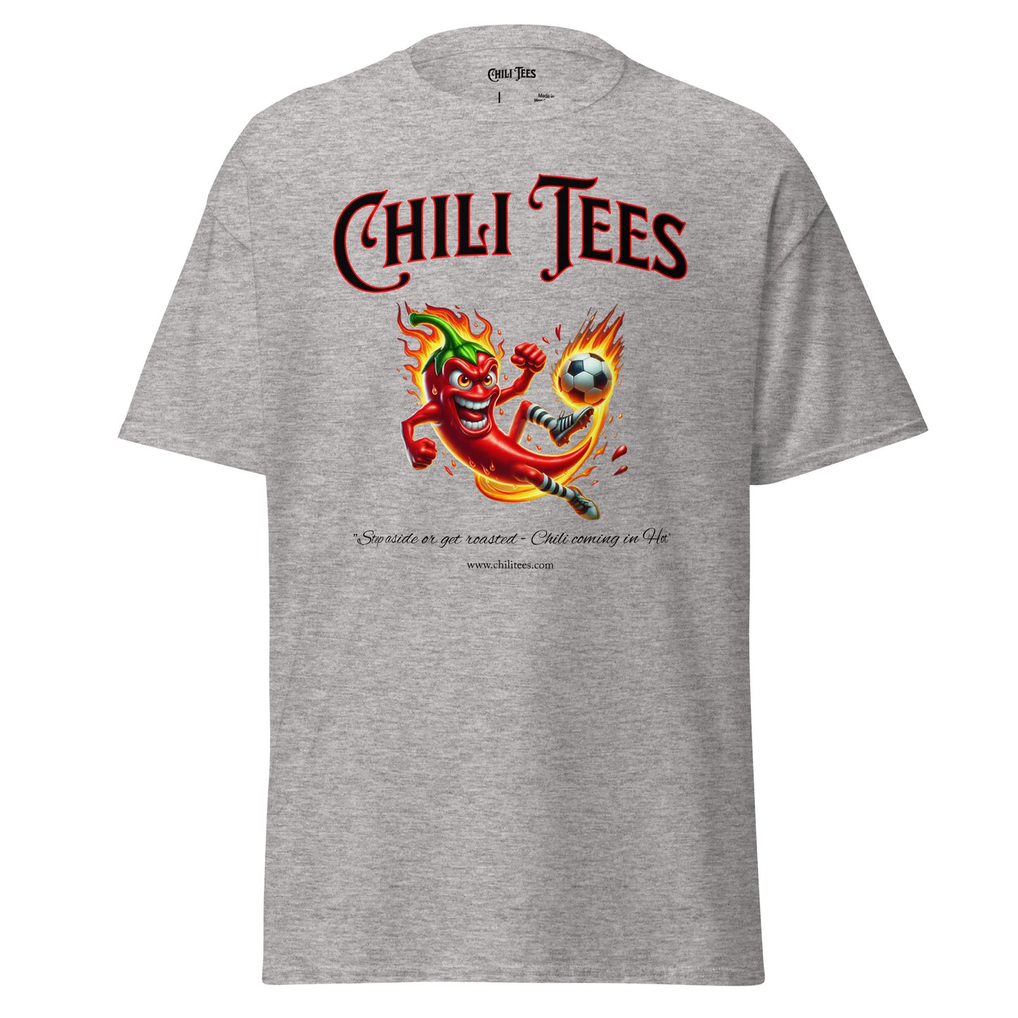 Sport Grey 90% cotton graphic t-shirt featuring bold 'Chili Tees' text and a red chili pepper playing soccer, perfect for sports and chili pepper enthusiasts.