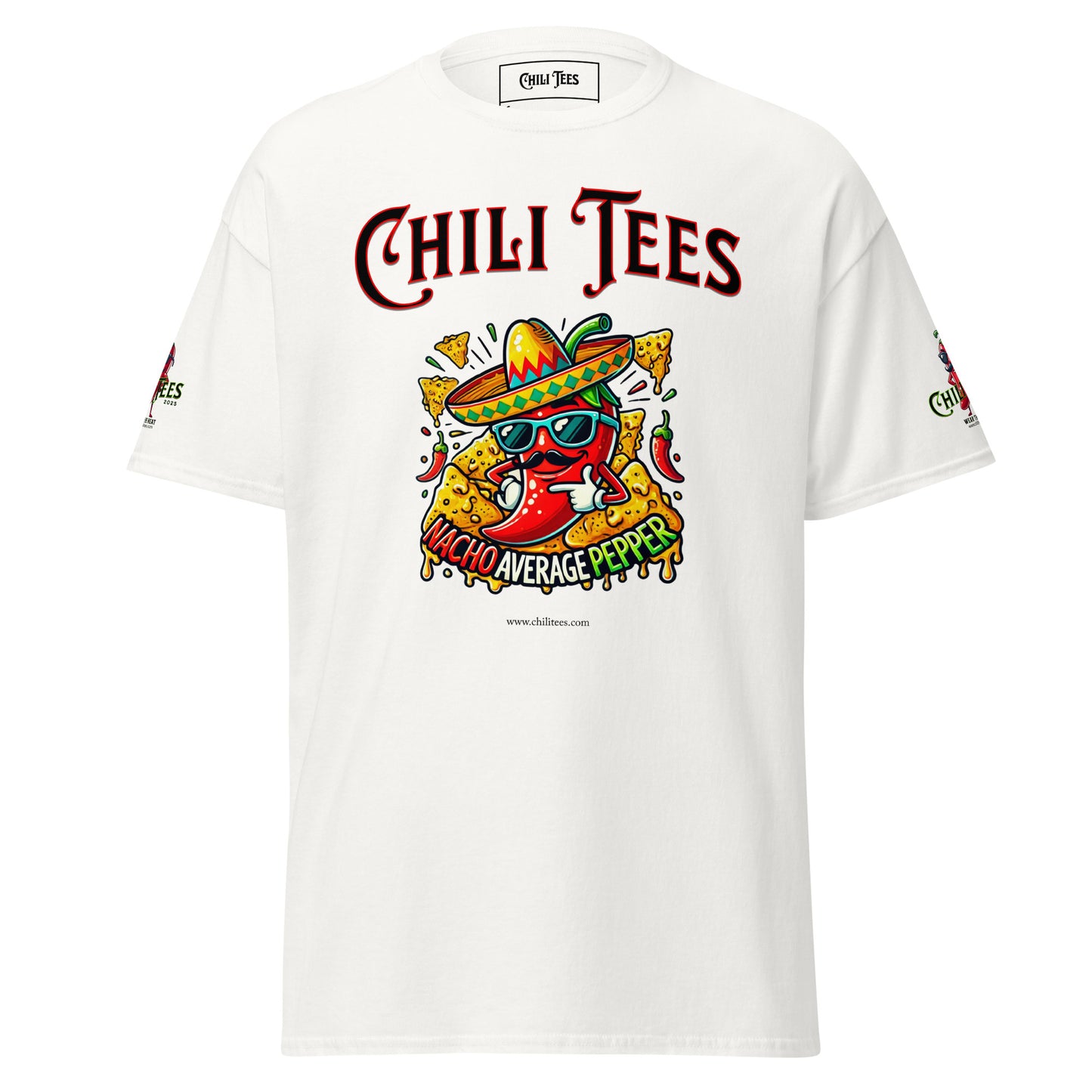 Men’s white 100% cotton graphic t-shirt featuring bold 'Chili Tees' text, a red chili pepper nestled in nachos, and the playful quote 'Nacho Average Pepper' printed below