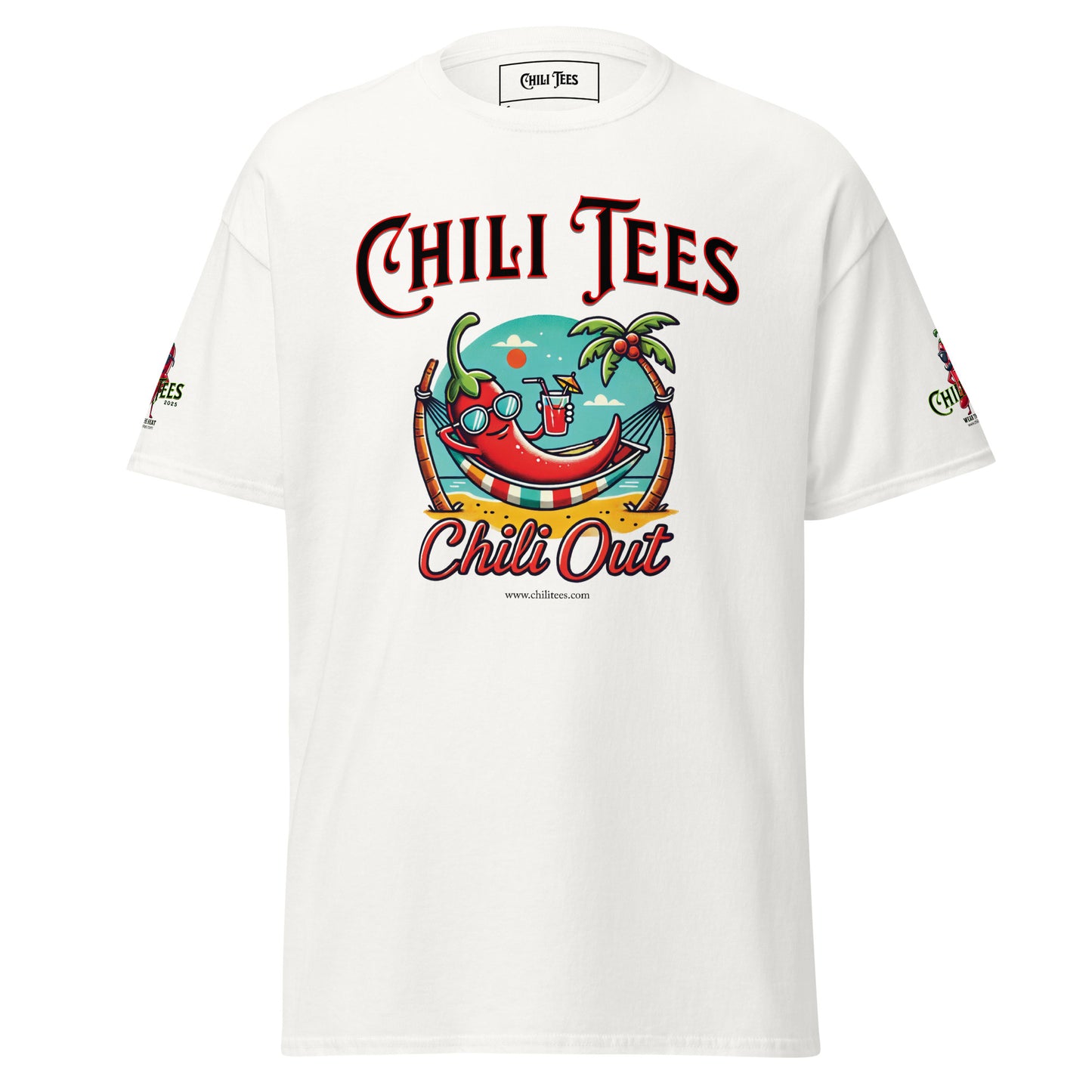 Men’s white 100% cotton graphic t-shirt featuring bold 'Chili Tees' text, a red chili pepper relaxing in a hammock on a beach, and the playful quote 'Chili Out' printed below