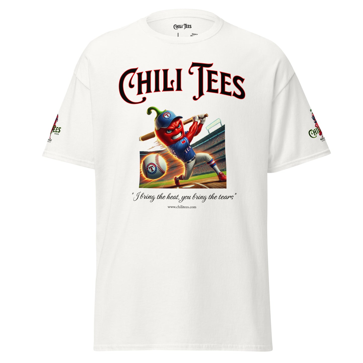 Men’s white graphic t-shirt made of 100% cotton, featuring bold 'Chili Tees' text, a red chili pepper hitting a baseball with a bat, and the quote 'I bring the heat, you bring the tears' printed below