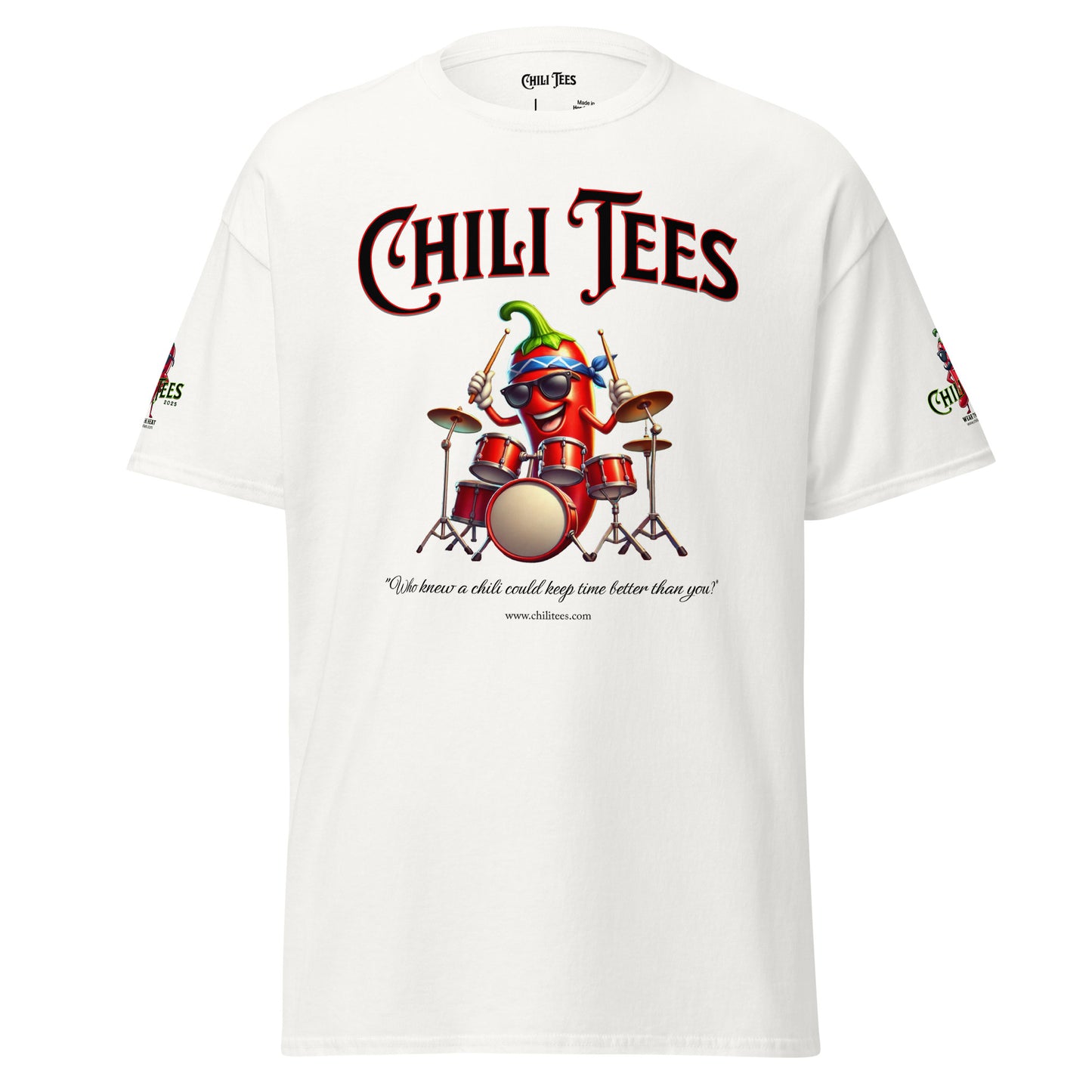 Men’s white 100% cotton graphic t-shirt featuring bold 'Chili Tees' text, a quirky red chili pepper as a drummer, and the humorous quote 'Who knew a chili could keep time better than you?' below