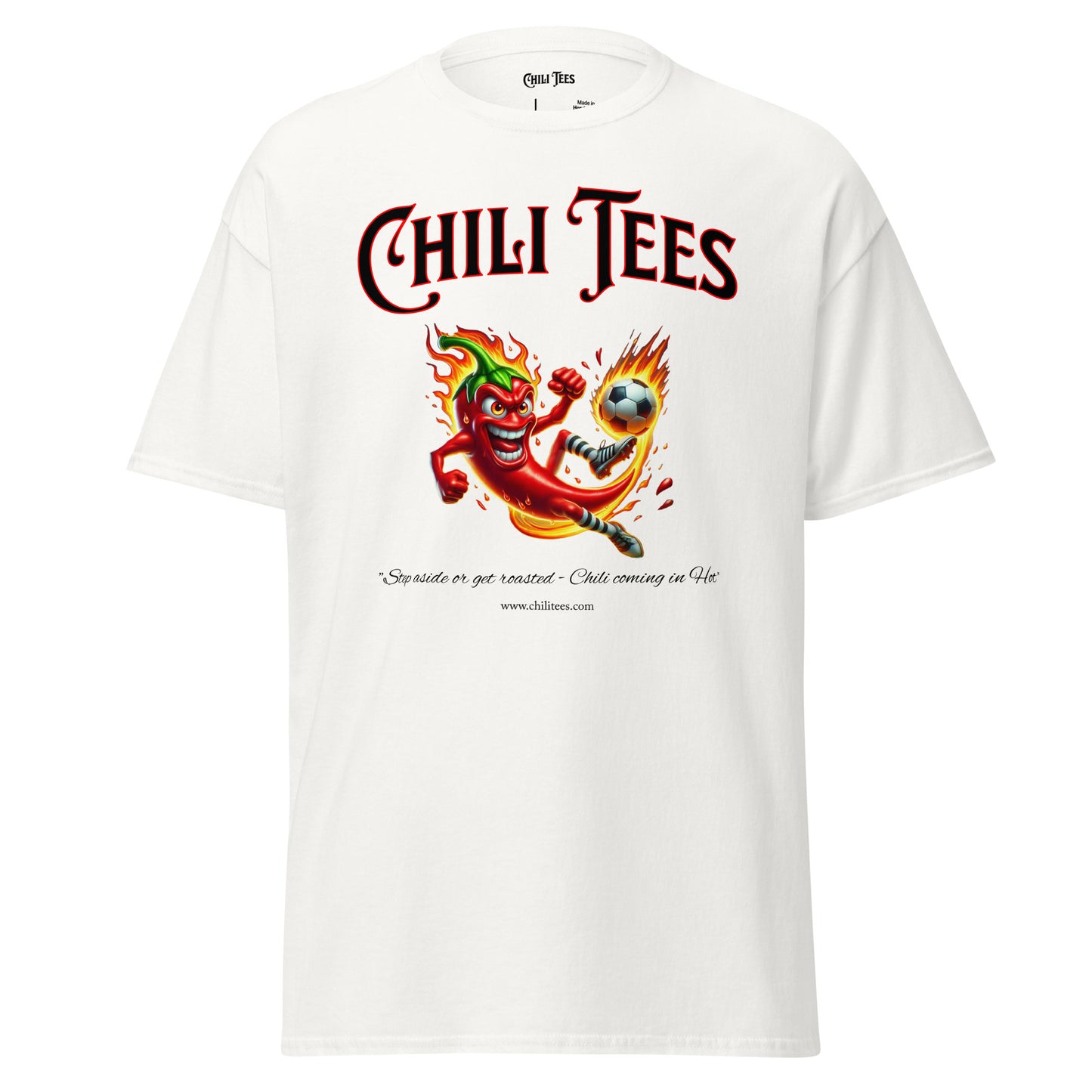 White 100% cotton graphic t-shirt featuring bold 'Chili Tees' text and a red chili pepper playing soccer, perfect for sports and chili pepper enthusiasts.